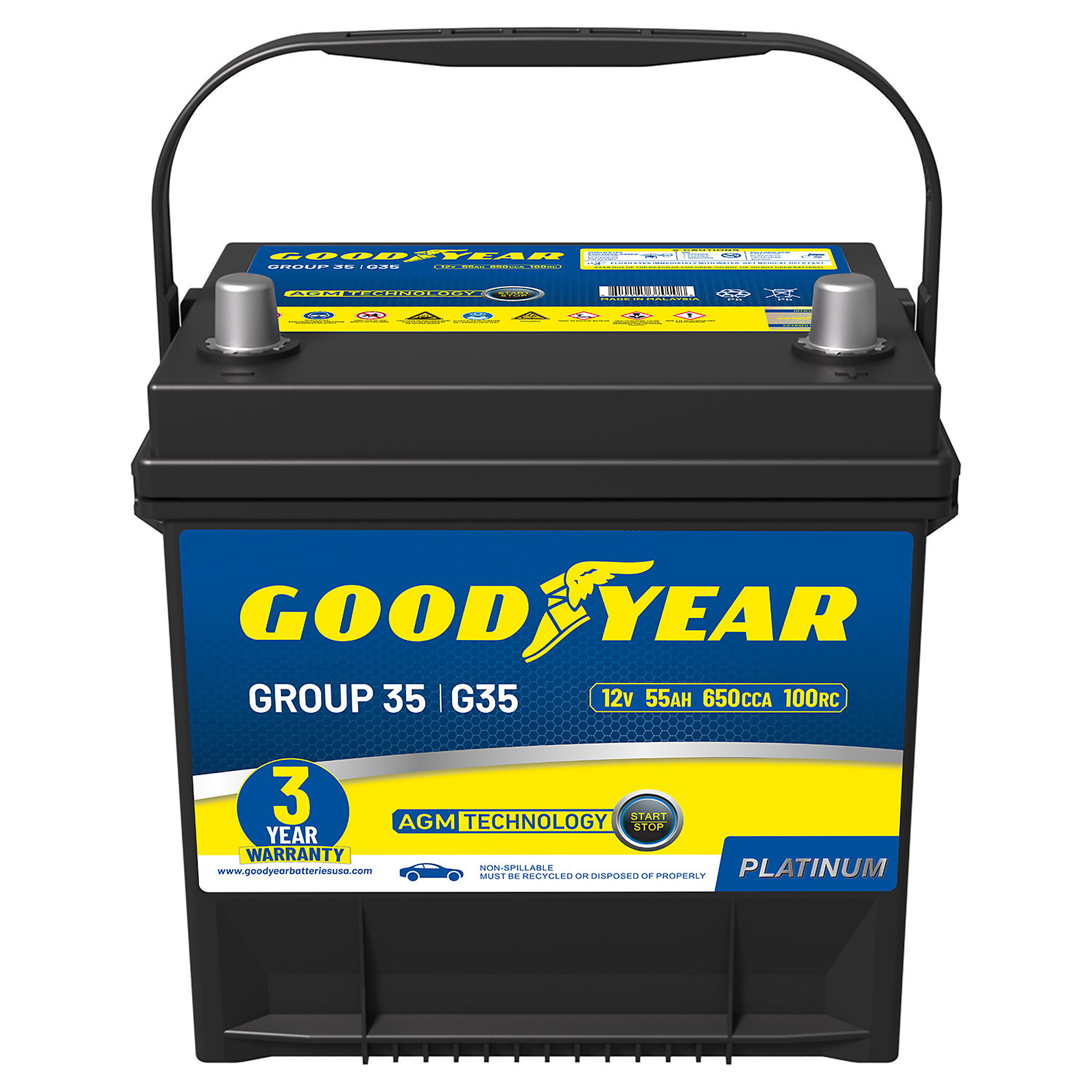 Goodyear Platinum Series AGM Automotive Battery — 12V, 55Ah, 650 CCA, Group Size 35, Maintenance-Free, Model# GY4140754